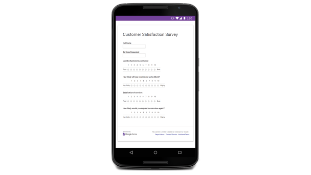 Google Skjemaer-UI på en mobilenhet med teksten «Customer Satisfaction Survey». 