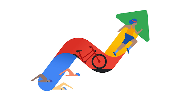 Un icono de flecha de tendencia en los colores azul, rojo, amarillo y verde de Google, decorado con ilustraciones de una mujer corriendo, una bicicleta y tres personas nadando.