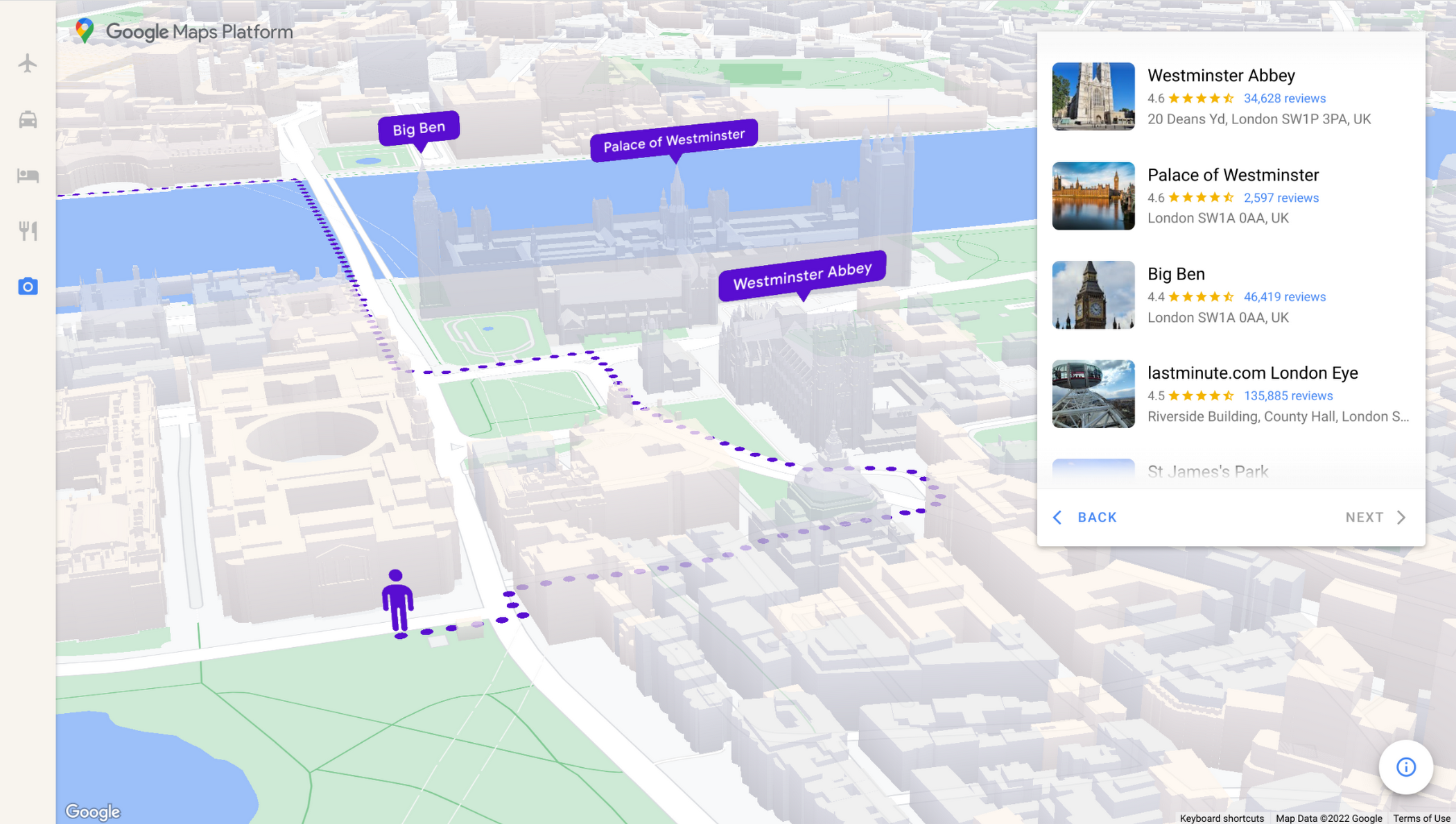 A planned walking route in Central London with popular sites. 