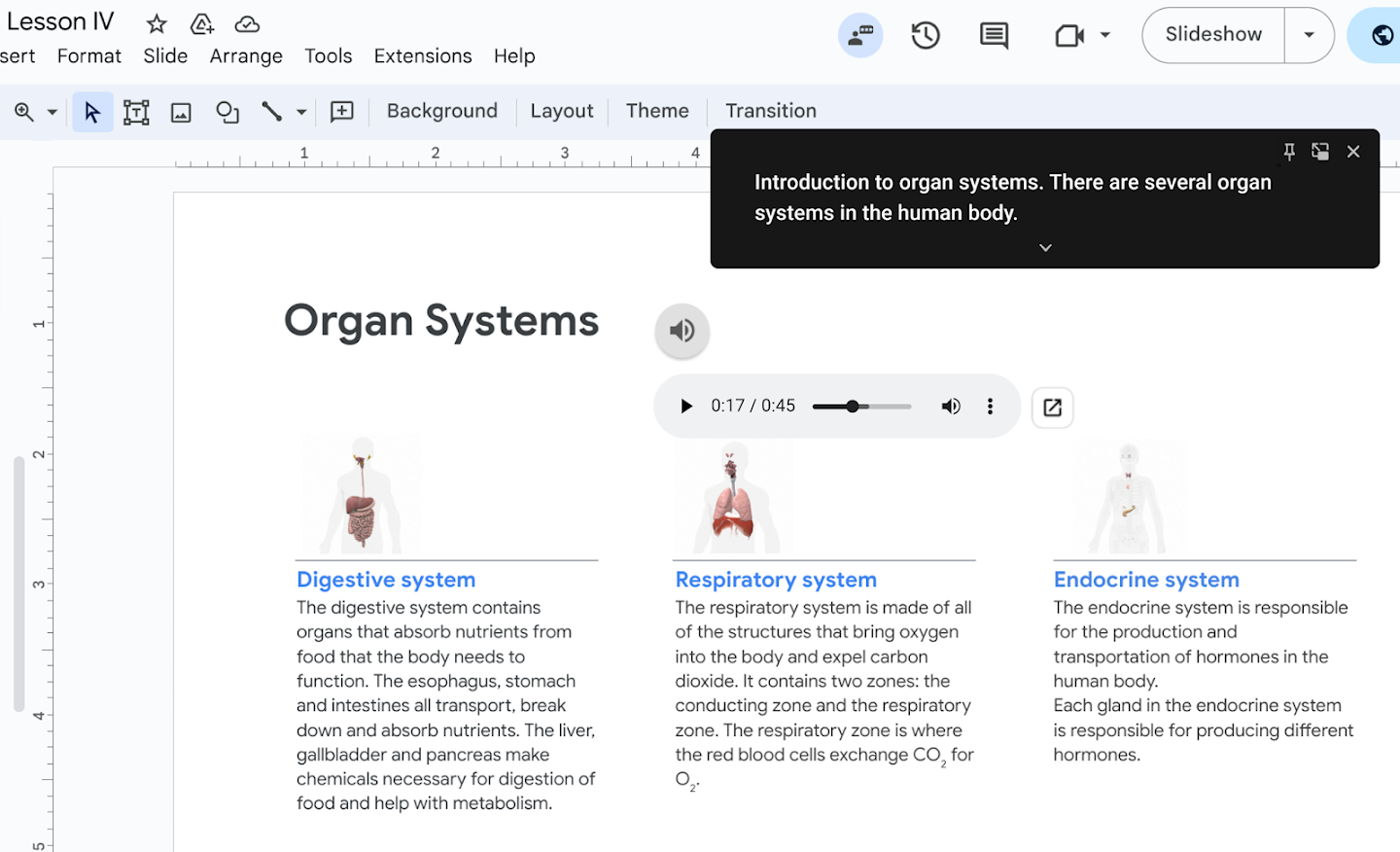 Live ondertiteling wordt rechtsboven op het scherm getoond tijdens een Google-presentatie.