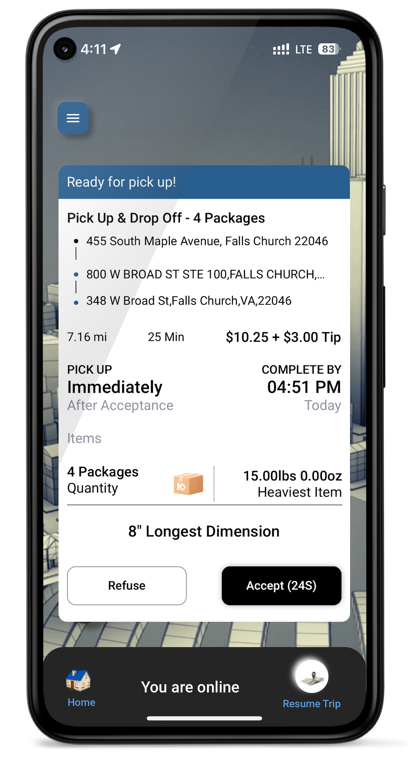 Drivers can view assignments with package size, type, and dimension