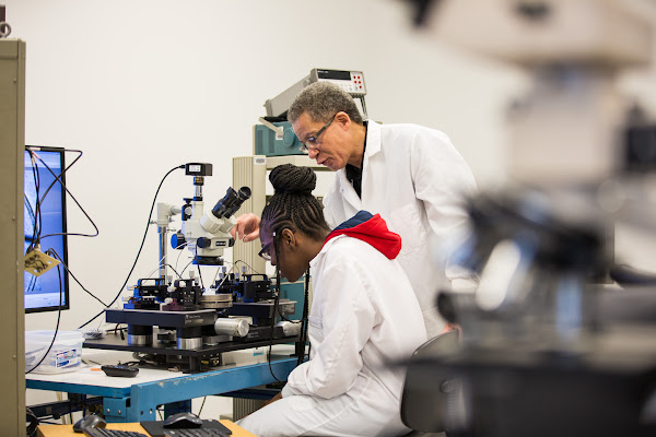 Dos personas trabajando en un laboratorio de ciencias