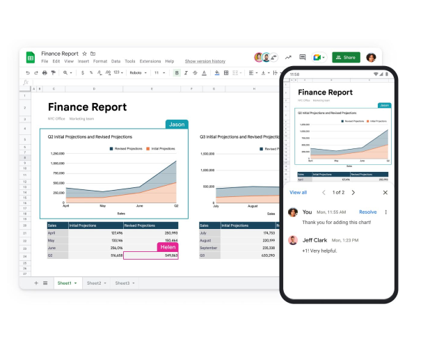 Google Sheet berjudul 'Laporan Keuangan' sedang ditampilkan di laptop dan layar ponsel. 