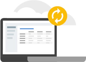 Ilustrasi monitor komputer yang menampilkan data dengan ikon "refresh" 