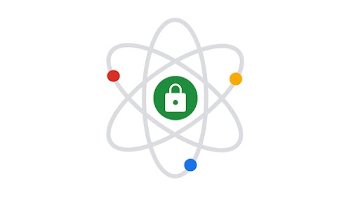 En atomlignende grafik med et låseikon i midten, som repræsenterer postkvantekryptografi.