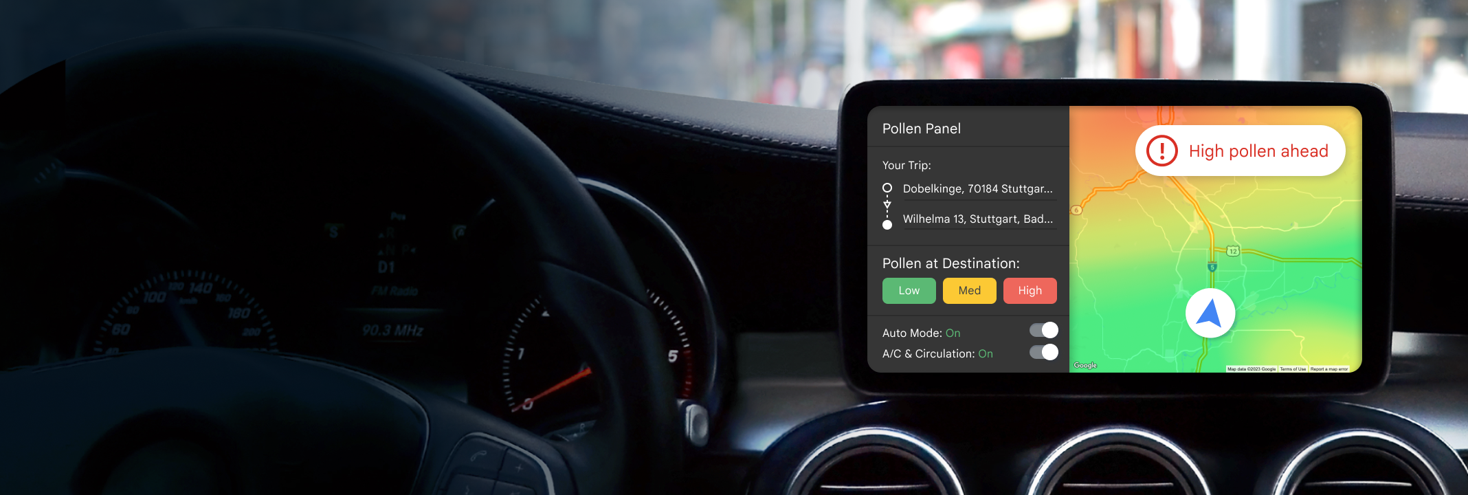 In-car display with pollen information on the screen