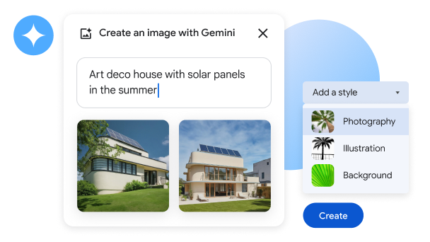 Созданные с помощью функции Gemini "Генератор изображений" четыре изображения домов в стиле ар-деко с солнечными панелями на крыше. 