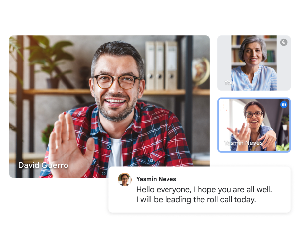 Rozmowa wideo Google Meet z widocznymi 3 użytkownikami i transkrypcją na żywo z tekstem: „Witam wszystkich, mam nadzieję, że wszystko u was w porządku. Poprowadzę dzisiejsze spotkanie”. 
