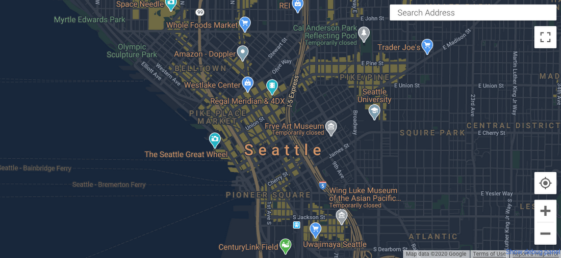 Night mode map with styled commercial corridors