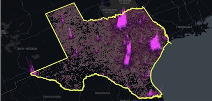 A spinning view of Texas, with different parts of the state highlighted in bright magenta