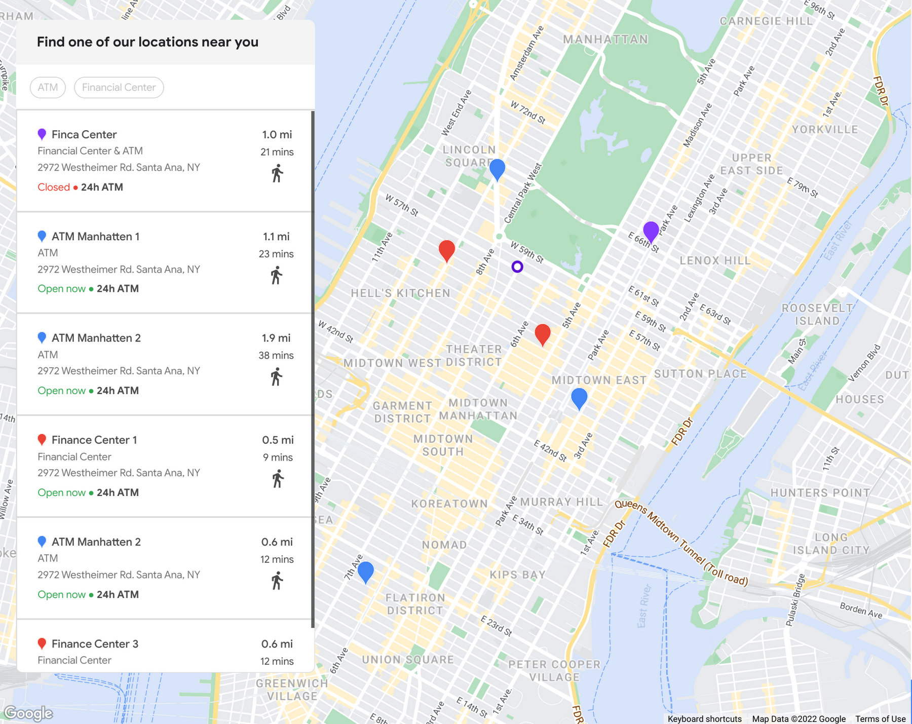 ATM and bank locations pinned on a map along with business information in a designated area. 