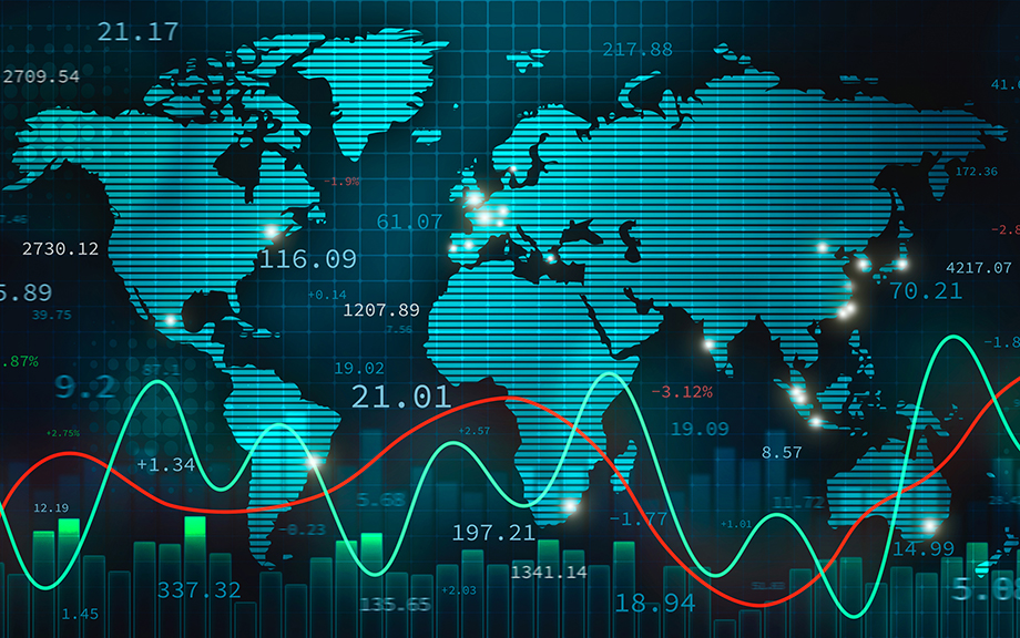 Decorative: illustration with the world map, infographics and numbers. International finance, trade and economy concept.