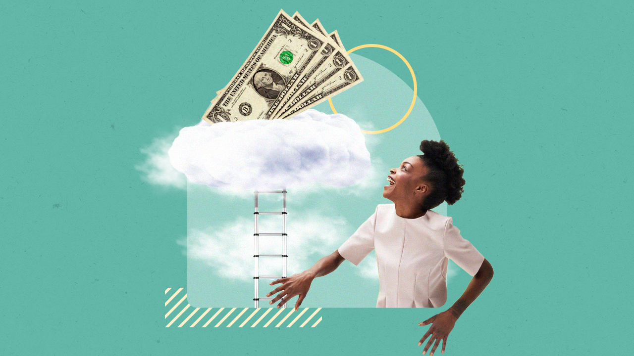 Woman smiling at cash on a cloud