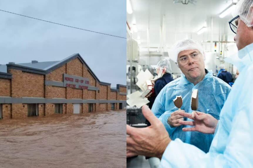 Composite image of building with brown water about halfway up its walls, and a man opening the door of a clean, new-looking room