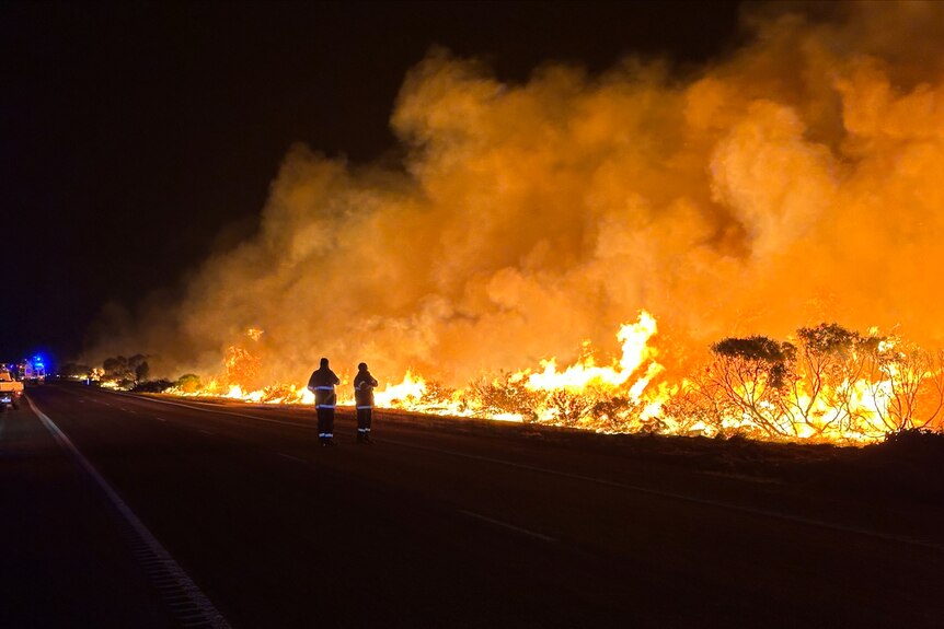 Two firefighters stand in front of big smoke blaze.