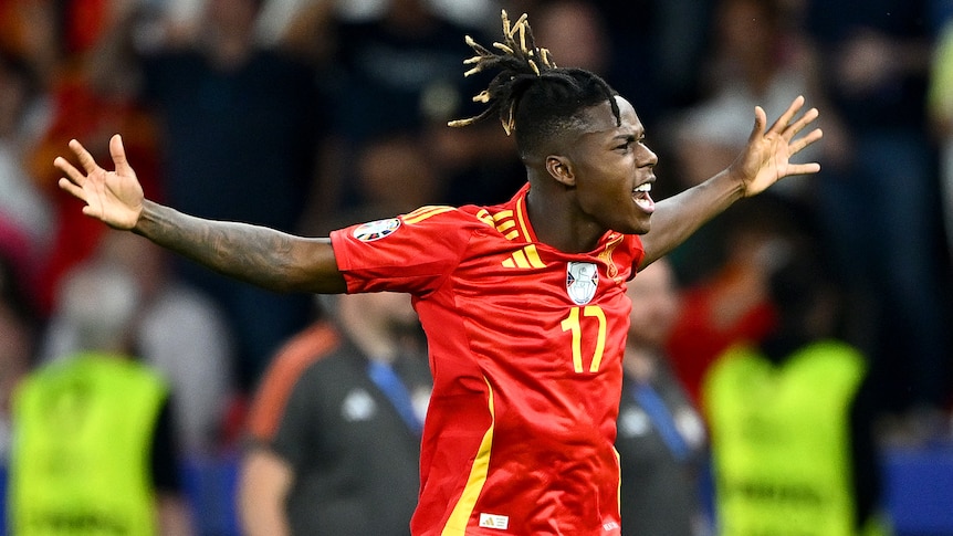 Nico Williams celebrates a goal against England