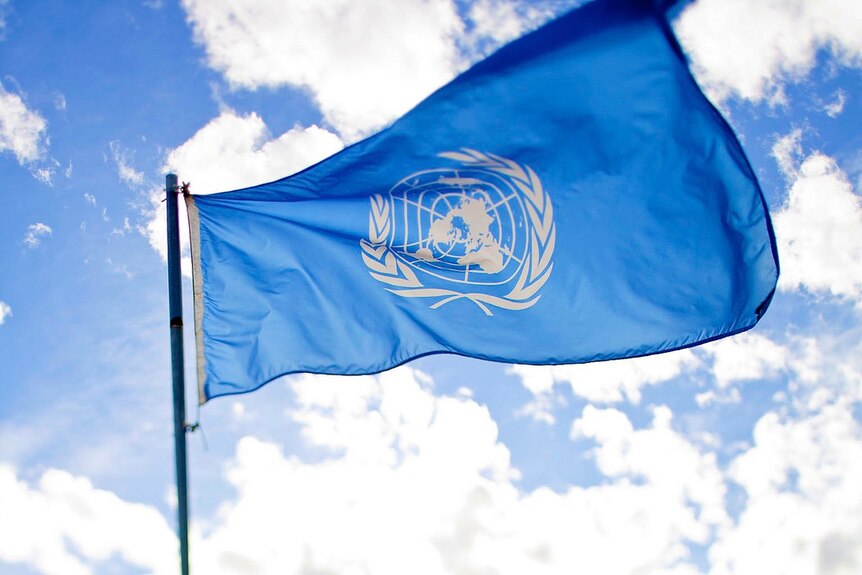 The United Nations blue flag flying on background of clouded sky.