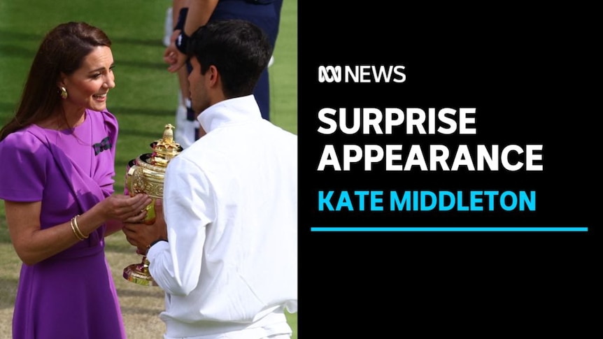 Surprise Appearance, Kate Middleton: Kate Middleton presenting a golden trophy to a man with black hair.