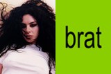 A composite of two images. Left, a picture of Charli in a white t-shirt with her black hair abound; Right, the Brat cover.