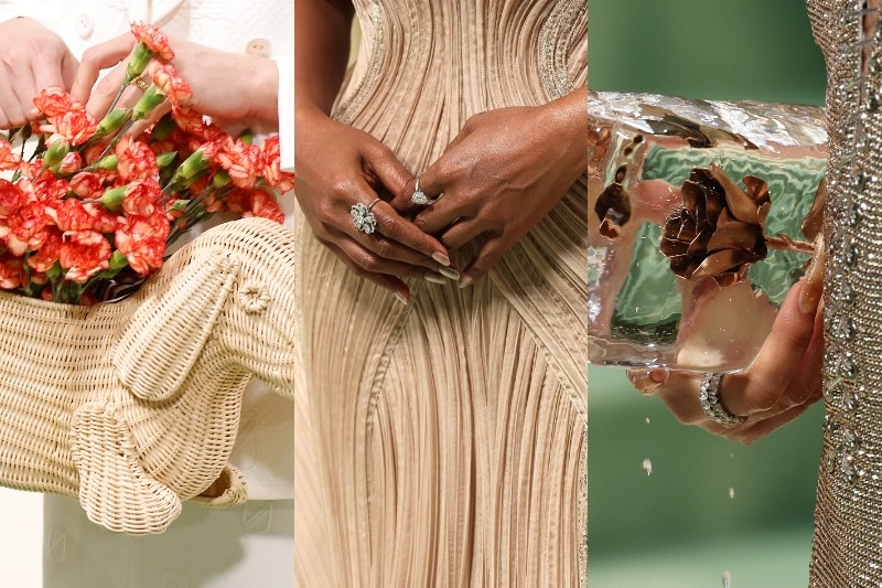 A composite image of a wicker dog shaped basket, a beige dress, and a melting block of ice