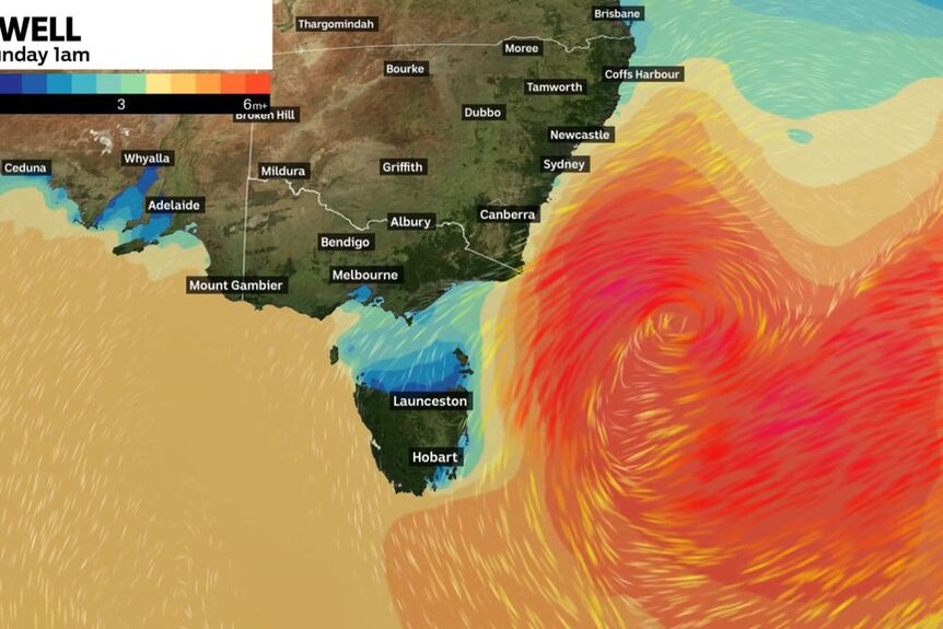 A weather map showing predicted ocean swells with particular intensity of the south-east Australian coast.