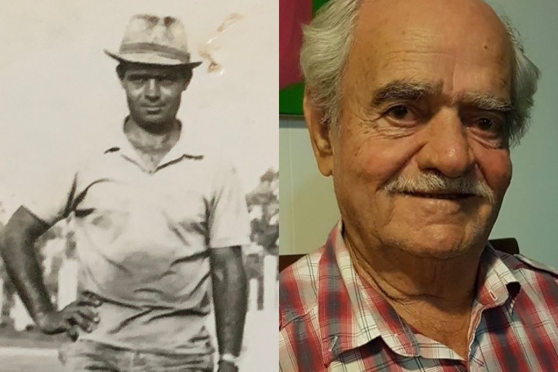 A composite image of a young man in black and white and an older man smiling at the camera.