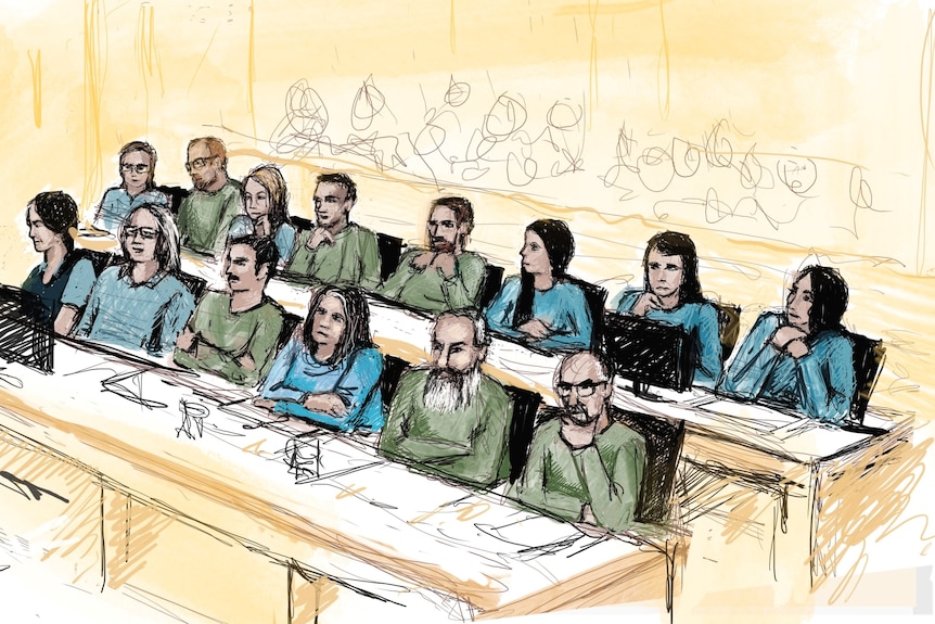 A courthouse sketch of fourteen people sitting in a court gallery. 