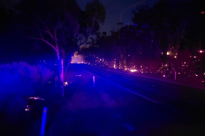 A nighttime image of a road with fire burning on both sides.