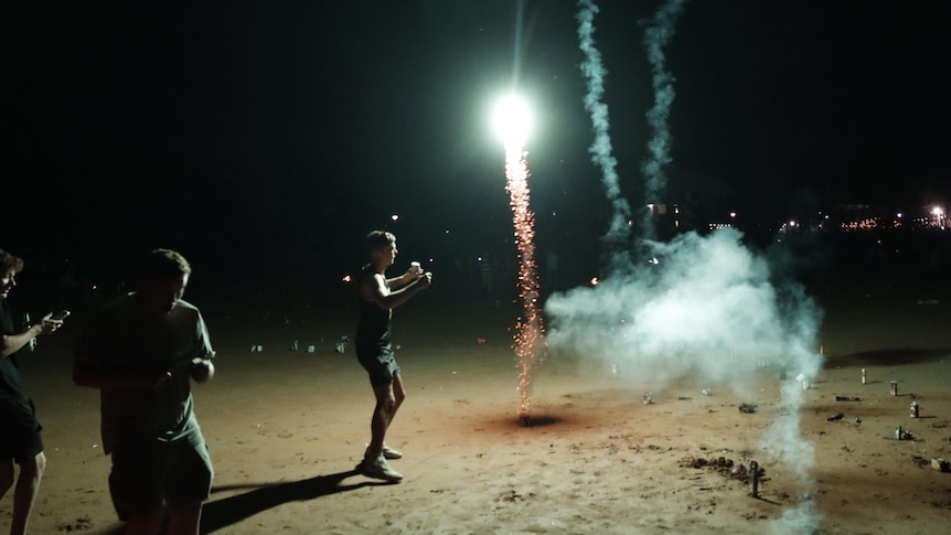 People letting off fireworks on a beach