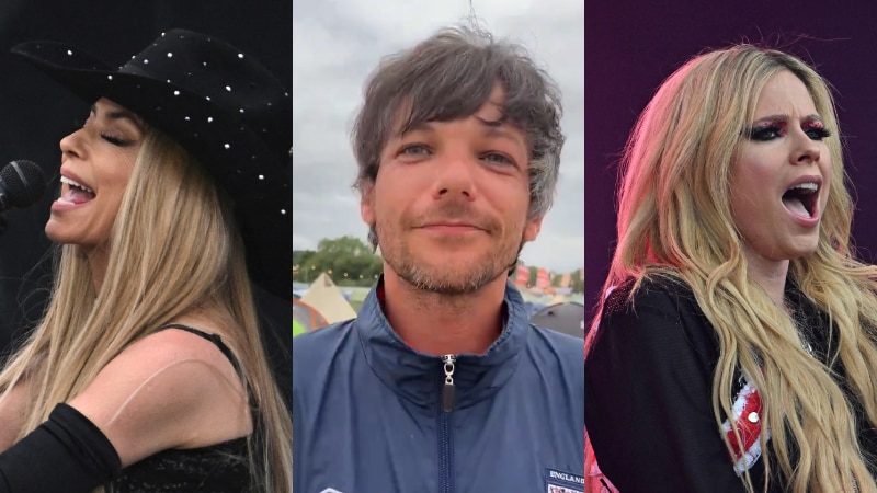 A composite image of Shania Twain and Avril Lavigne performing at Glastonbury, as well as Louis Tomlinson at the campsite