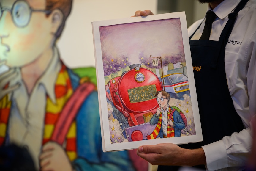 The watercolour painting featuring Harry Potter in front of the Hogwarts Express at Kings Cross Station