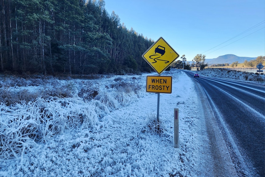 frost blankets the roadside in Needles, Tasmania