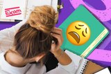 An international student sits at a desk with her head in her hands, with a diary, academic English textbook and notebook.