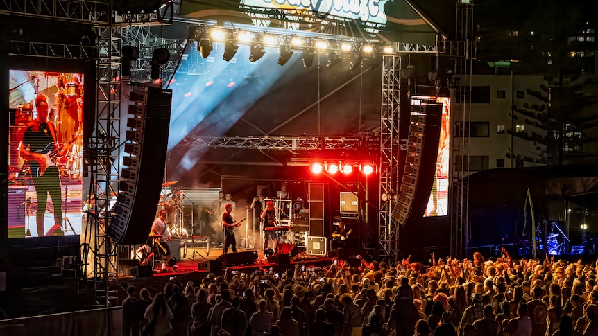 a crowd of people watch an artist perform on stage at night