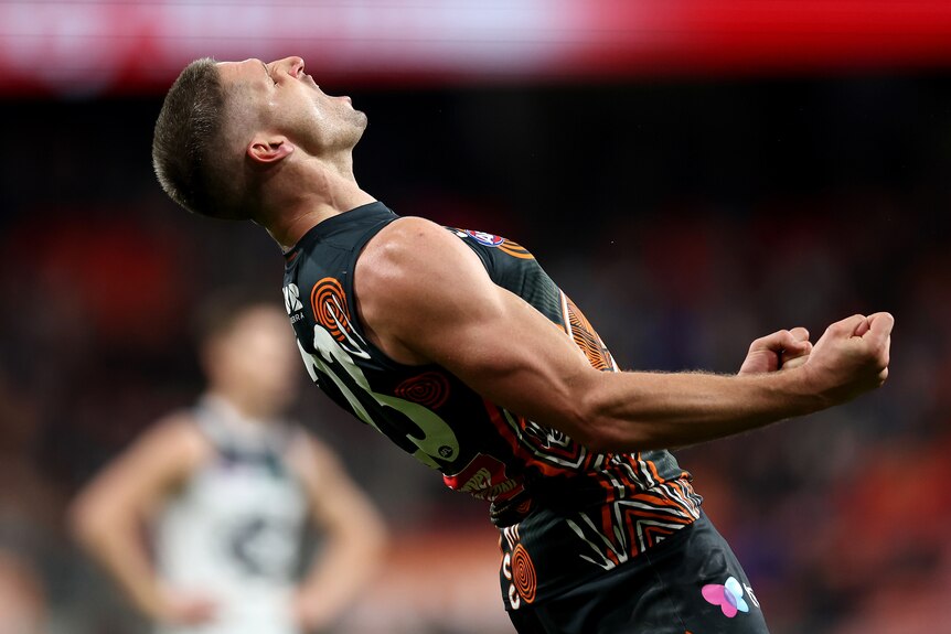 Jesse Hogan celebrates a goal passionately