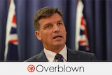 A tight headshot of angus taylor wearing a suit speaking in front of two Australian flags. Verdict: OVERBLOWN