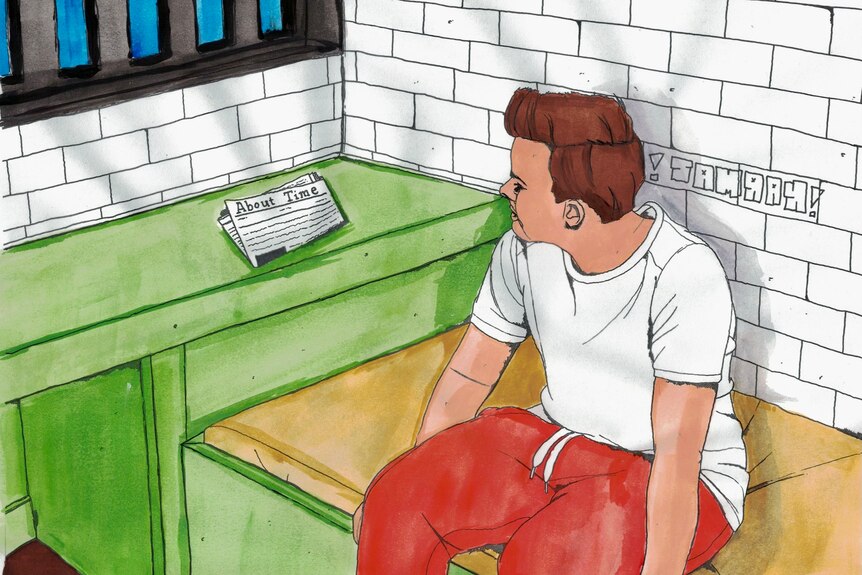 An illustration of a man in a white top and red pants sitting in a prison cell looking at a newspaper on a bench