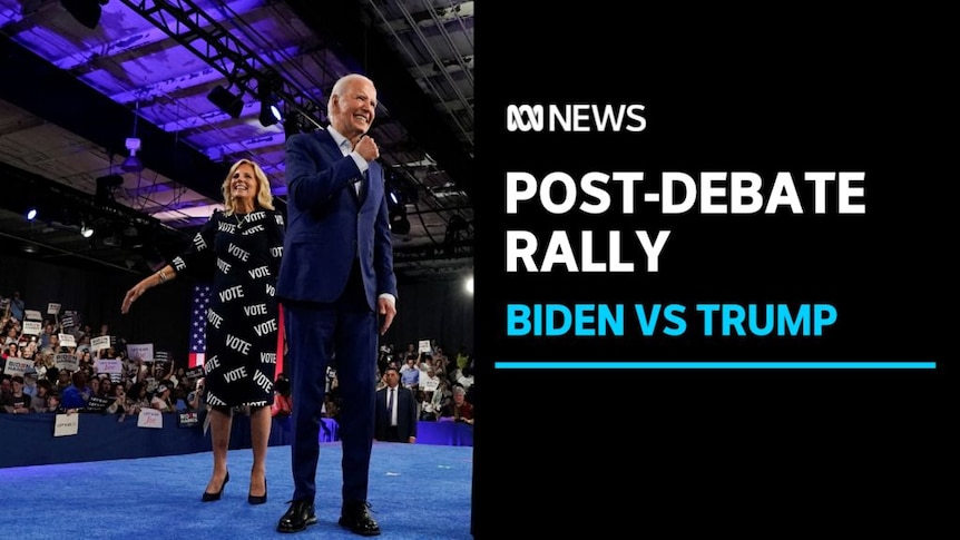 Post-Debate Rally, Biden vs Trump: Joe Biden and Jill Biden on a stage at a campaign event.