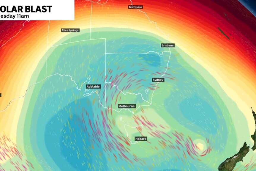 A weather map of a polar air stream in south-east Australia.