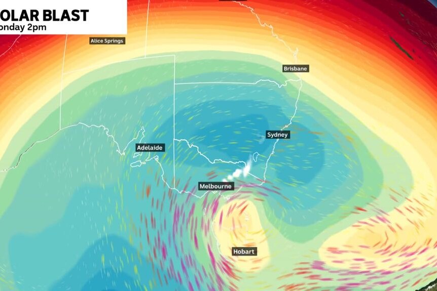 A weather map showing polar winds over Tasmania.
