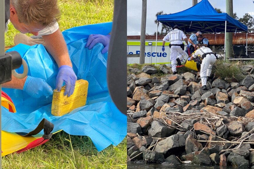 A man putting a yellow package into tarpaulin and people climbing up rocks