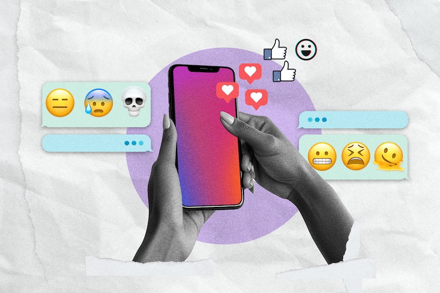 A woman’s hands holding a smartphone, surrounded by messages of upset emojis