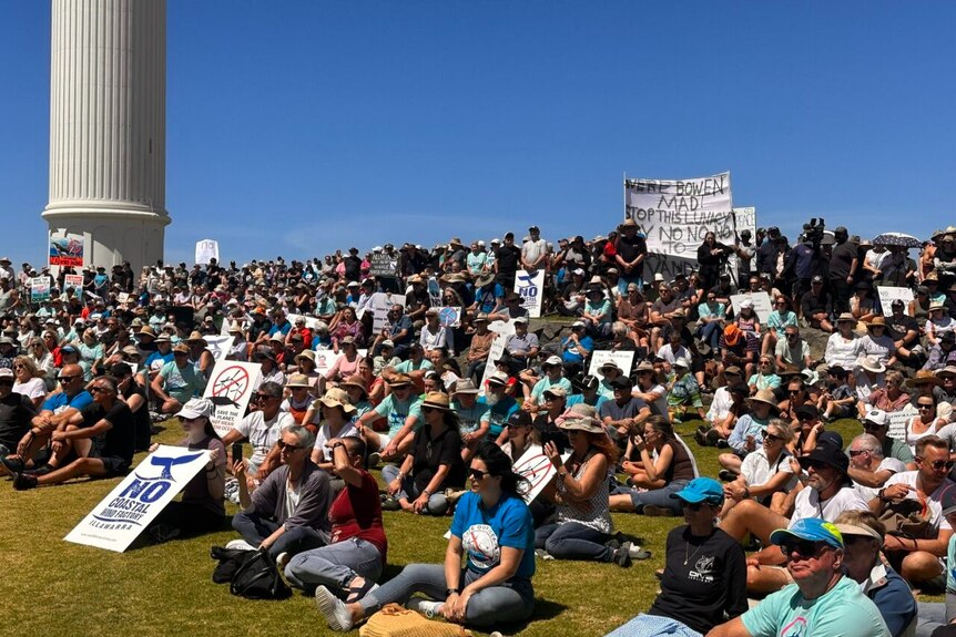 Hundreds of people sitting on a hill some holding protest signs.