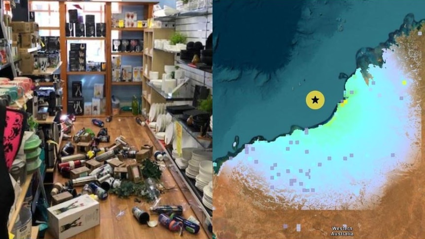 Composite image of damage to a business in Broome and the impact map of the 2019 earthquake.