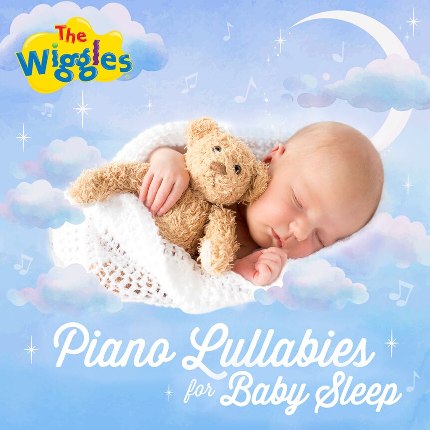 Baby sleeping with a teddy bear floating in the sky with clouds and stars