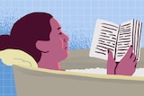 An illustration of a woman reading a book in the bath.