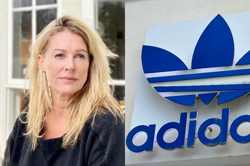 A composite of a woman with long blonde hair, and blue sign featuring the adidas logo affixed to a building exterior 