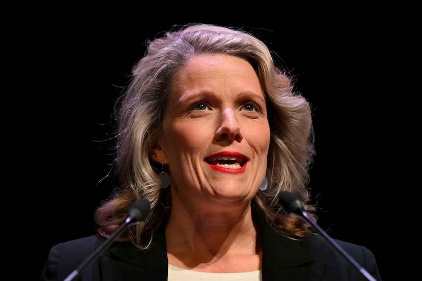 A face portrait of Clare O'Neil speaking and looking serious, hair down