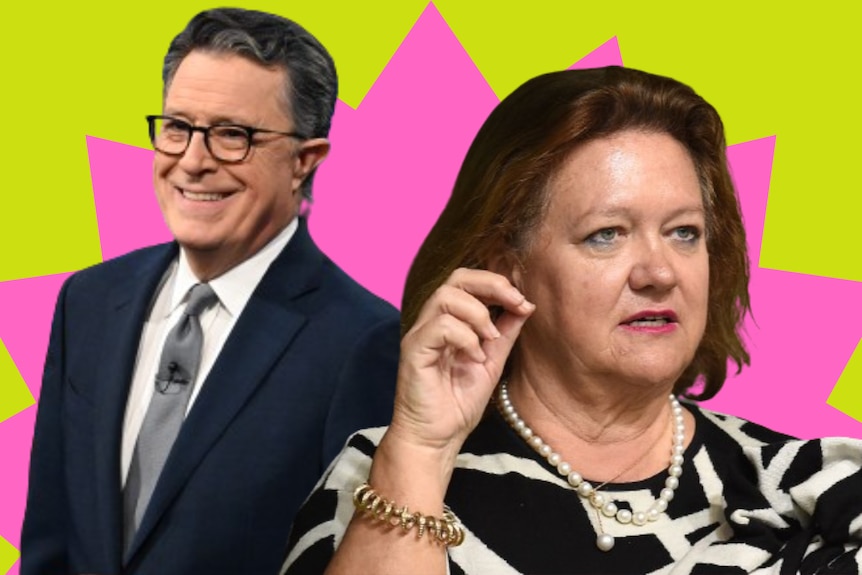 A composite image of Gine Rinehart and Stephen Colbert