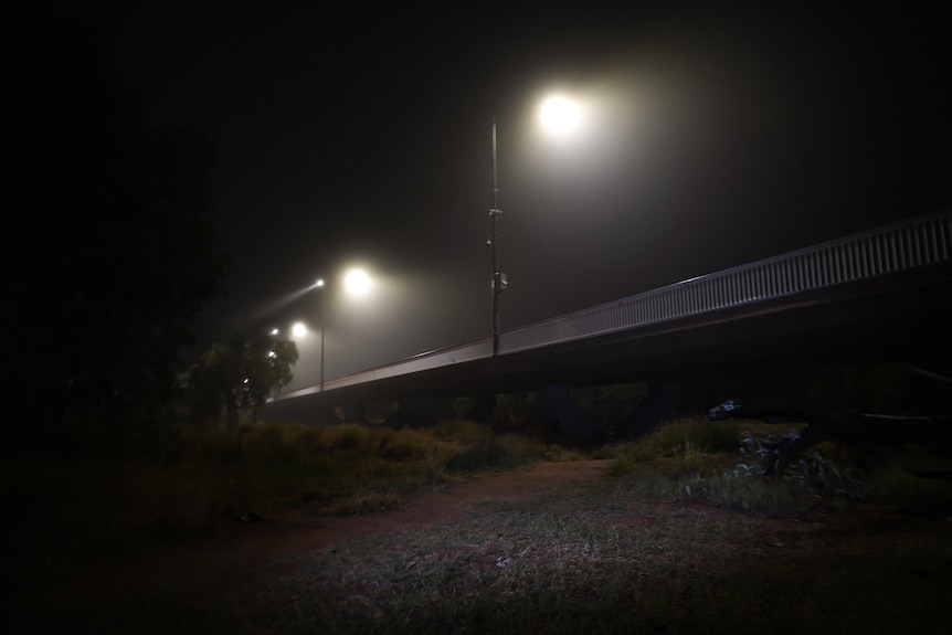 A bridge at night with street lamps turned on above it 